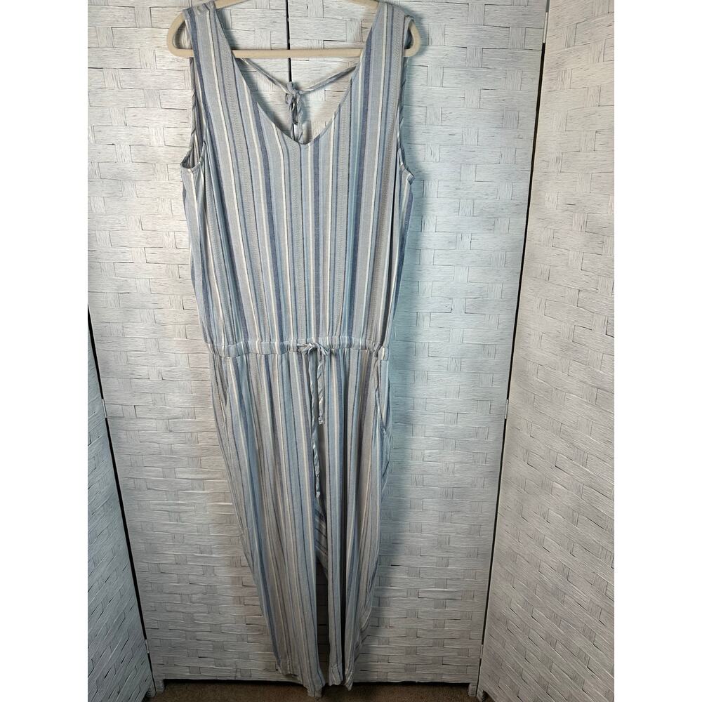 Cloth & stone Womens Romper blue white stripe lightweight linen blend‎ feminine